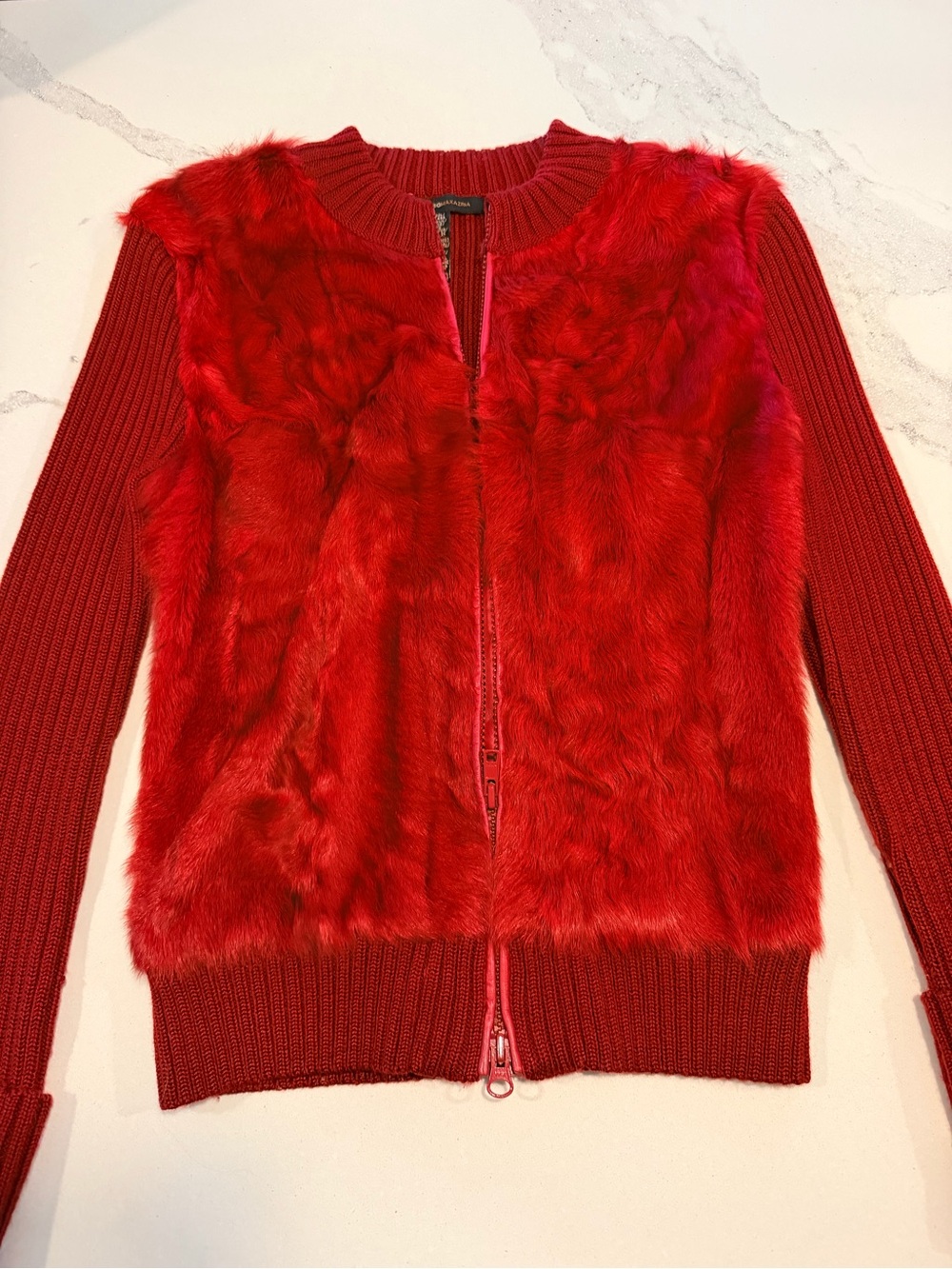 BCBGMaxAzria Red Faux-Fur Front Zip Cardigan